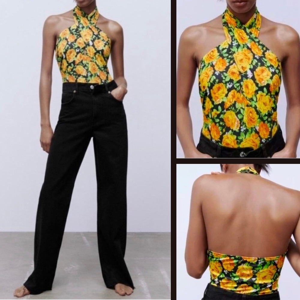 ZARA Floral Halter Bodysuit Size S Twist Neck Rose Boho Festival Garden Bloom
